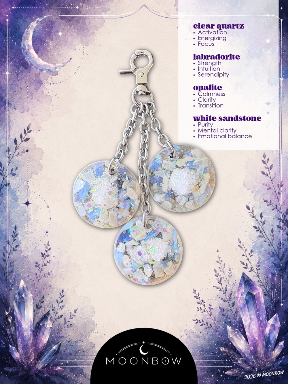 ©️Moonbow Handmade Crystal Charm - Clear Quartz, Opalite, White Sandstone